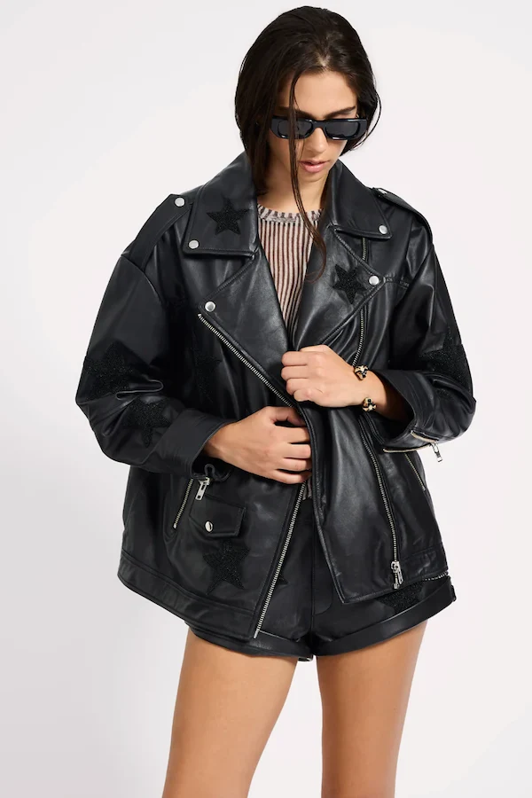 BIKER BOYFRIEND EMBELLISHED MOTO LEATHER JACKET - Image 2
