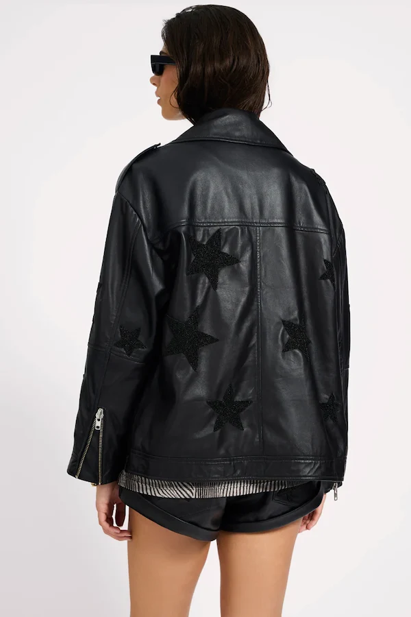 BIKER BOYFRIEND EMBELLISHED MOTO LEATHER JACKET - Image 3