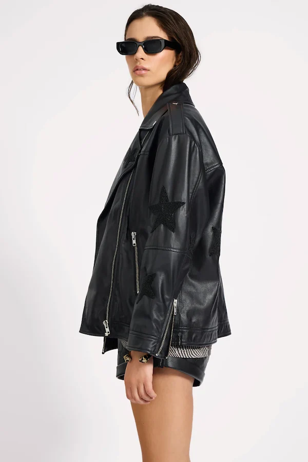 BIKER BOYFRIEND EMBELLISHED MOTO LEATHER JACKET - Image 4